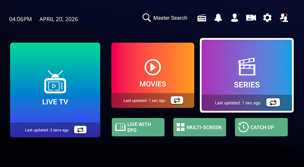 Interface de l'application IPTV premium avec Live TV, films et séries